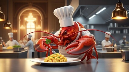 Whimsical red lobster chef meticulously prepares to savor a delicious plate of creamy macaroni and cheese in a bustling restaurant kitchen setting