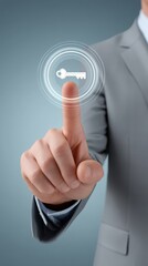 Mid-shot of a professional businessman selecting a single glowing key icon on a futuristic digital interface, half-body visible, sleek metallic gradient background, cinematic rim light with