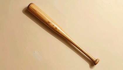 A polished wooden baseball bat lying on a smooth surface under warm lighting, highlighting its grain, balanced shape, and classic design in a clean, minimal, studio-style presentation.