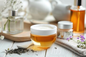Fototapeta premium Jars of natural cosmetics based on tea and herbs standing on white wooden table with flowers and towel