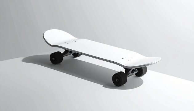 A minimalist white skateboard with black wheels resting against a clean corner, lit by soft shadows, showcasing modern design, smooth surfaces, and simple geometric contrast in a bright studio setting