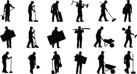 Construction worker silhouettes, manual labor icons, diverse tools and tasks, black vector set, grid layout poses, editable EPS SVG, jobsite industry collection