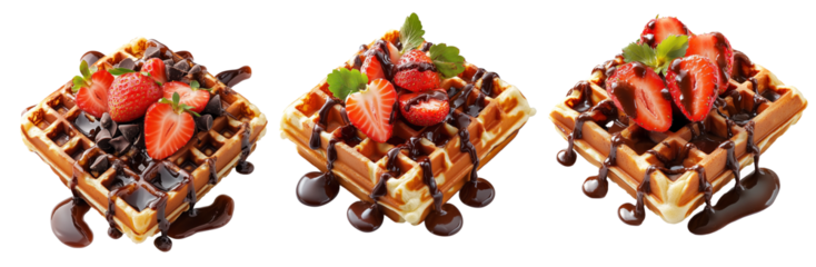 Chocolate waffle topped with strawberries and mint, drizzled with rich chocolate syrup, isolated on white background