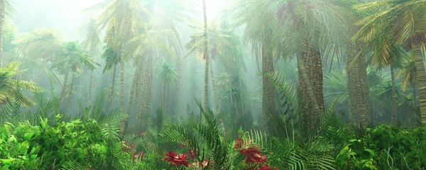 Jungle, rainforest during the plank, palm trees in the morning in the fog, jungle in the haze, 3D rendering