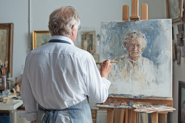 Senior male working on canvas at home. Old painter creating masterpiece. Online drawing courses
