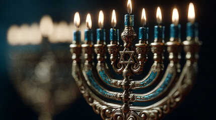Menorahs with lit candles shine in a dark room during a celebration of Hanukkah in a community center