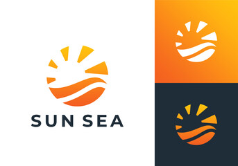 sea wave with sun circle logo icon design concept	