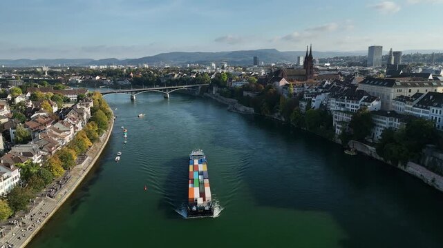 aerial view of Basel Switzerland with Rhine River in the middle