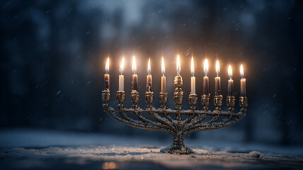 Celebration of lights takes place at night with a menorah shining bright in the snow