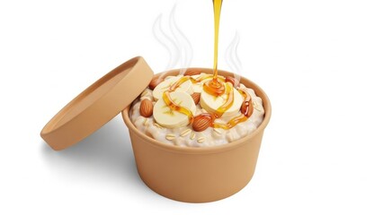 Hot Oatmeal with Banana, Almonds, and Honey in a Takeout Container