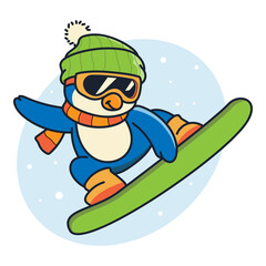 Penguin Snowboarding Character Green Hat