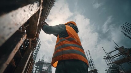 A construction worker in an orange safety vest and hard hat at a building site with steel scaffolding and sunlight behind.