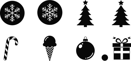 Minimalist black and white holiday icons set, snowflakes, Christmas trees, candy cane, ornament, gift box, festive vector elements for seasonal design