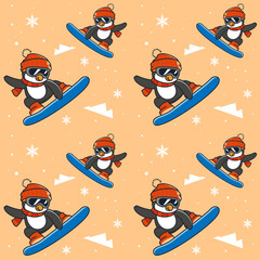 Penguin Snowboard Seamless Pattern Orange