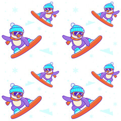 Penguin Snowboard Seamless Pattern White
