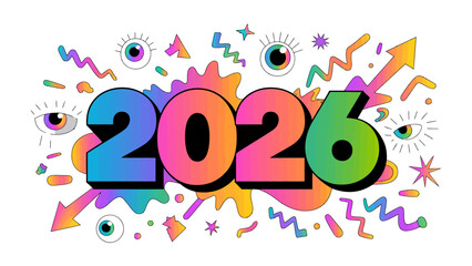 Year 2026: An abstract composition displays the year 2026 prominently with vibrant hues and creative elements, capturing a sense of anticipation and optimism for the future.