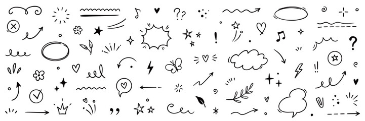 Cute line brush star, arrow, heart vector element icon set. Hand drawn sketch doodle cute star, heart, flower element. Line text decoration scribble decoration icon. Hand drawn Vector illustration