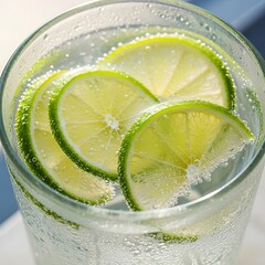 Refreshing glass of sparkling water with fresh lime slices.