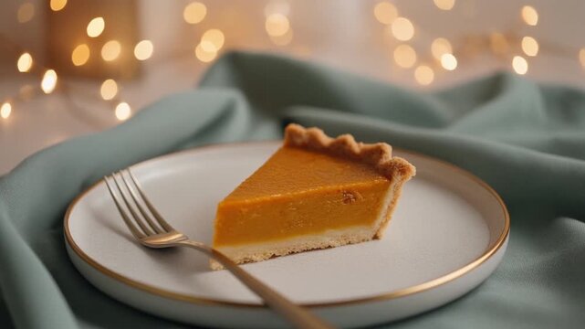 Macro cinematic video of a pumpkin pie slice on a matte white plate with creamy filling and crisp crust. Soft sage green napkin in blurred background, pastel Christmas bokeh lighting and gentle steam 