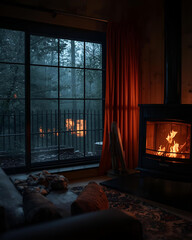 cozy cabin, large window, rainy forest, forest view, cabin interior, warm fireplace, rustic interior, wood beams, natural light, cozy atmosphere, cabin retreat, hygge style, scenic view, indoor warmth