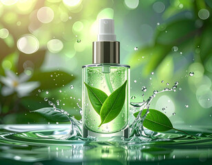 Luxury cosmetic Bottle package skin care cream, Green tea serum set, Beauty cosmetic product poster, with Bokeh and Water background
