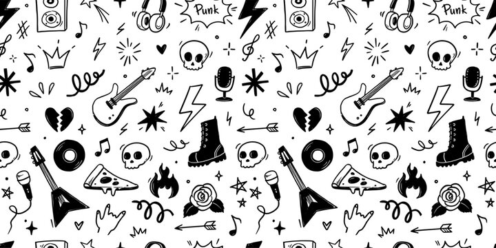 Rock music seamless pattern with guitar, skull, punk symbols. Hand drawn doodle scribbles stickers with stars, roses and love heart for rock music background, tattoo design. Vector illustration