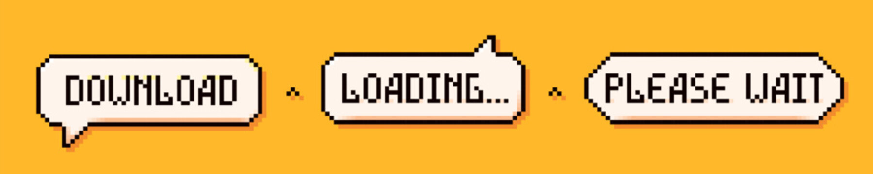 Pixel art 3 speech bubbles: download, loading and please wait words on yellow background.