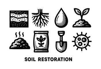 Collection of hand-drawn soil restoration themed icons showing soil layers, plant roots, water, growing plant, compost, fertilizer, shovel, and a virus, isolated on white — stock illustration.