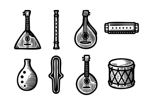 Hand-drawn monochrome set featuring various folk musical instruments isolated on white &mdash; stock vector.