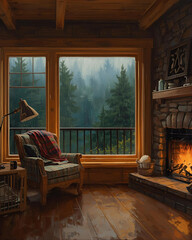 digital art, digital painting, cozy cabin, cabin interior, forest view, large window, rustic interior, wooden cabin, warm lighting, comfortable furniture, scenic view, nature-inspired, tranquil 