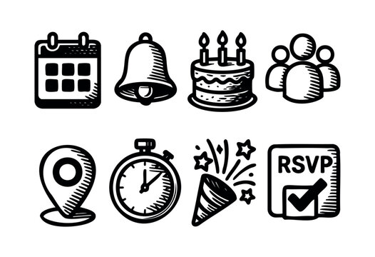 A set of doodle style icons for events, including a calendar, bell, cake, people, location pin, stopwatch, party popper, and RSVP symbol &mdash; stock vector.