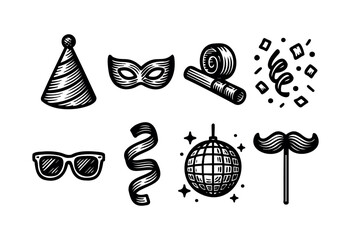 Monochrome vector illustration of party elements including a hat, mask, noise maker, confetti, glasses, ribbon, disco ball, and mustache — stock vector.