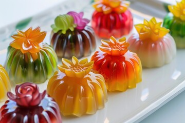 Delicious flower jelly desserts of various colors and flavors are displayed on a white rectangular plate, creating a visually appealing arrangement