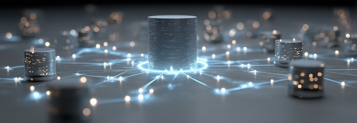 An image of a centralised data storage facility encircled by network nodes that represents data management and cloud computing
