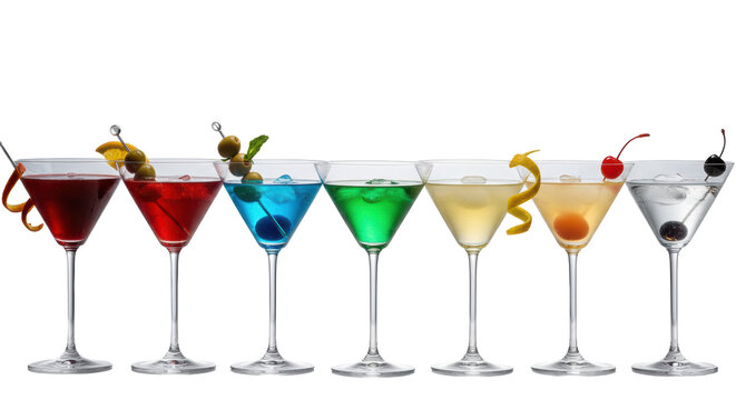 seven colorful, varied cocktails in identical crystal martini glasses, perfectly garnished, displayed on polished white marble under dramatic high-key lighting. concept for premium beverage