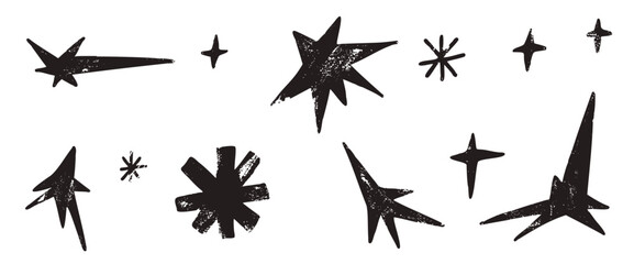 Hand drawn stars, snowflake asterisk icons. Doodle twinkles shape set. Handmade scribble magic twinkle collection. Spark blink stickers. Simple charcoal ink decoration. Vector scrawl elements isolated