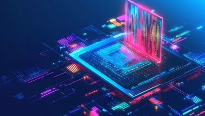Abstract digital processor chip glowing with neon blue and magenta light on a dark circuit board background