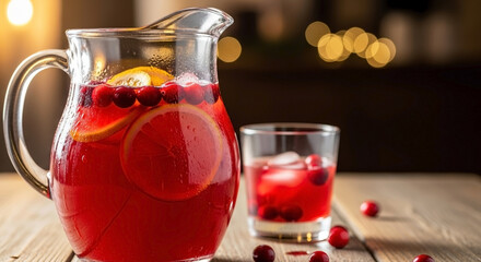 Refreshing cranberry punch in clear glass pitcher, with drinking glass on rustic wood. Delicious cranberry punch includes fresh orange slices, whole berries, and ice cubes.