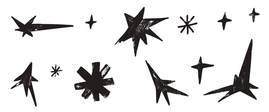 Hand drawn stars, snowflake asterisk icons. Doodle twinkles shape set. Handmade scribble magic twinkle collection. Spark blink stickers. Simple charcoal ink decoration. Vector scrawl elements isolated