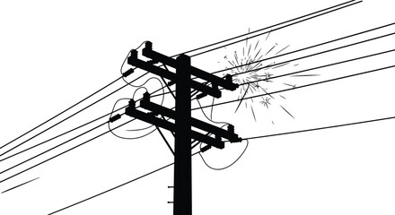 Silhouette of utility pole with sparking power lines, electrical short circuit burst, high-voltage hazard illustration for safety, outage, infrastructure awareness vector