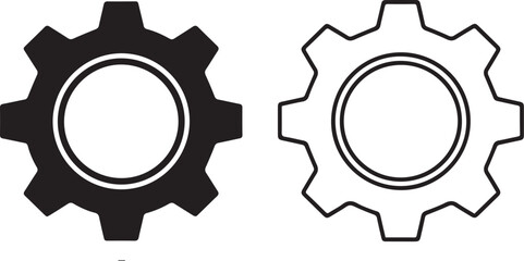 Set of Two Simple Black Gear Icons, Filled and Outline, Isolated Vector