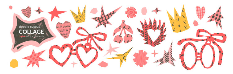 Love symbols doodle collage. Heart paper cutout with crayon texture patterns. Scrapbook romantic sign girly shapes. Vector bachelorette or Valentine illustration isolated no bg. Angular paper cut outs