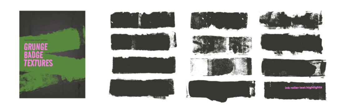 Grunge urban wall badges textures. Straight black wide lines. Paint roller brush strokes rough edges. Gritty textured highlights. Vector thick printmaking streaks. Bold grunge long elements.