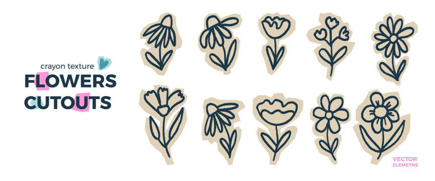 Doodle hand drawn outline flowers stickers. Naive daisy and camomile cutouts set. Paper wildflower shapes isolated. Scrapbook naive sticker floral elements. Pencil texture lines vector illustration.