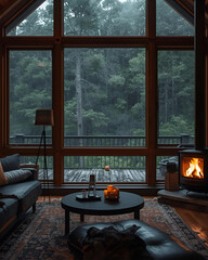 cozy living room, cabin interior, forest view, large windows, rustic decor, wooden walls, warm lighting, comfortable sofa, fireplace, natural light, scenic view, peaceful interior, cabin vibes, home 