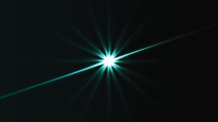 Bright cyan lens flare effect with starburst and light beam against a dark background