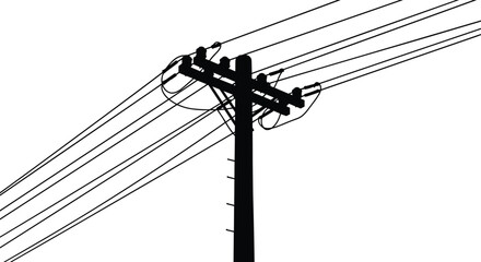 Silhouette Utility Pole with Multiple Power Lines, Insulators and Hardware, Urban Electrical Infrastructure Vector Illustration for Energy, Transmission, and Industrial Design