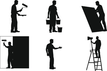 Silhouette vector set of six workers painting, carrying buckets, positioning panels, instructing crew, and adjusting lighting on ladder for renovation and set preparation
