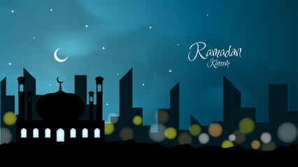 Ramadan kareem background with mosque silhouette at night