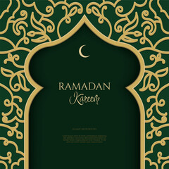 Ramadan kareem background with golden islamic arch and pattern on green backdrop